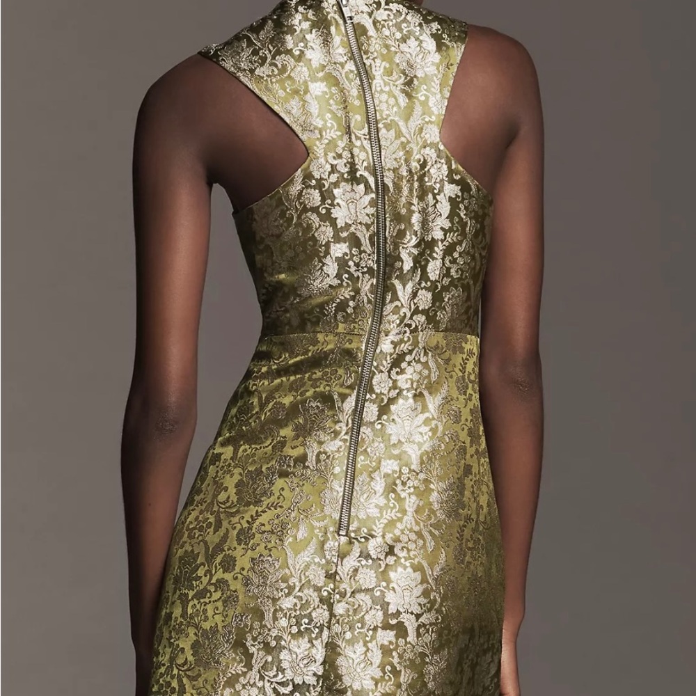 Anthropologie Olive Green Brocade V-Neck Sheath Dress - Picture 4 of 7